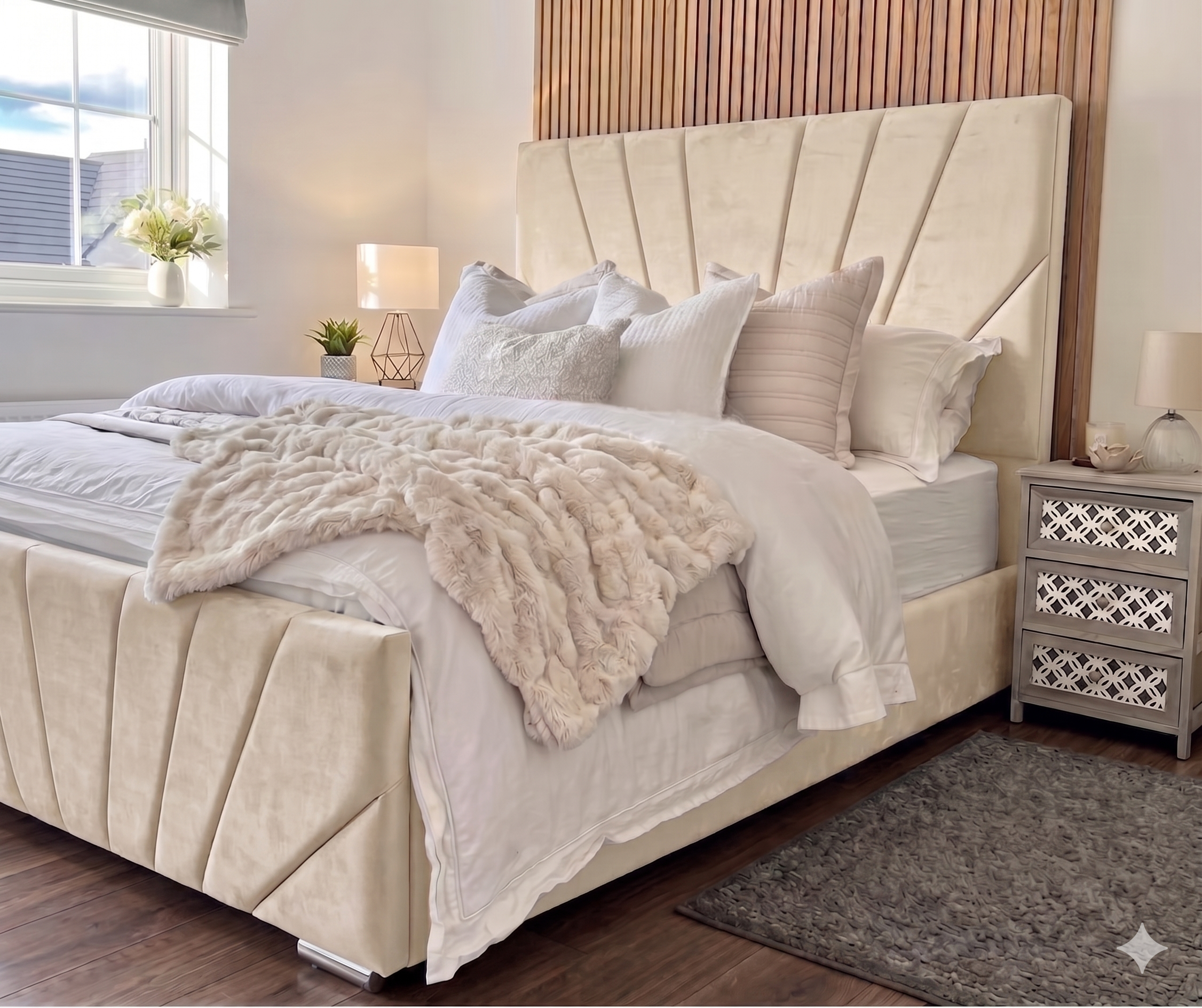 Victoria Plush Velvet Bed, Cream