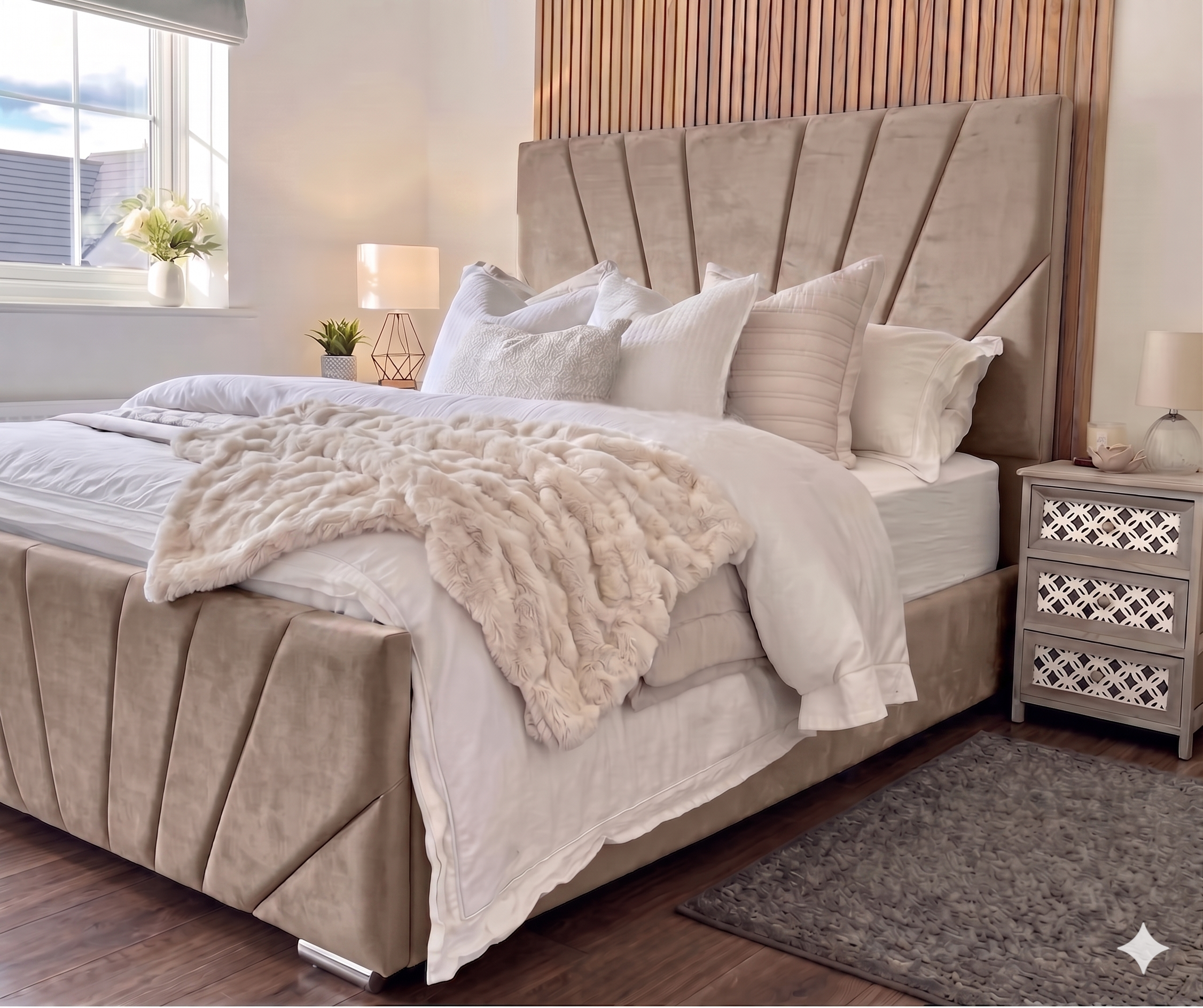 Victoria Plush Velvet Bed, Pebble / Mink